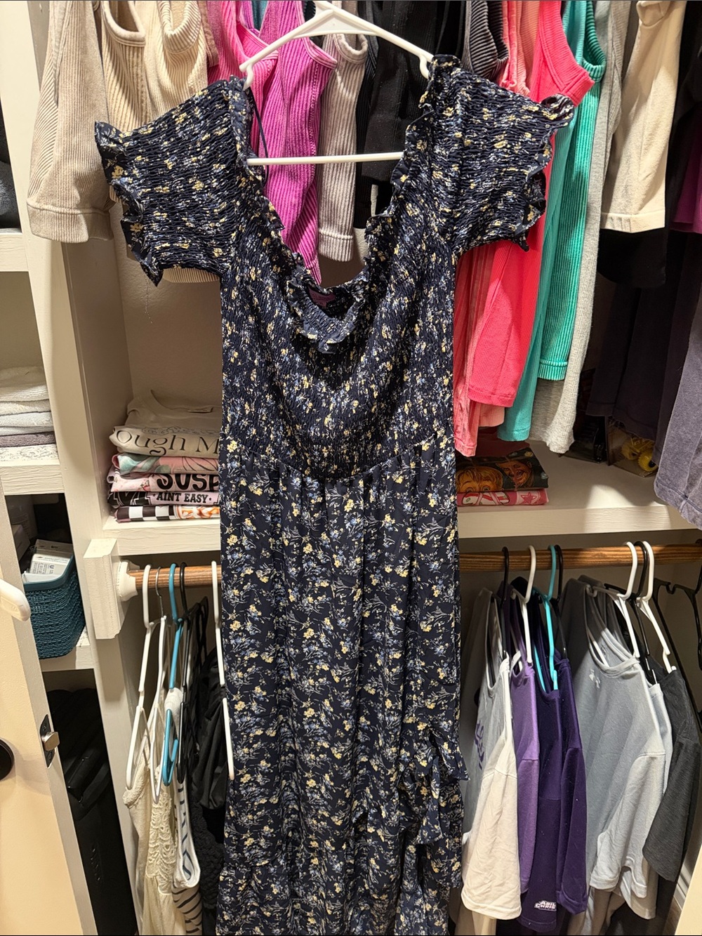 Francesca's Collections Navy Floral Ruffle Maxi Dress
